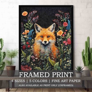 Fox in Midnight Wildblumen Garten gerahmt oder ungerahmt Fine Art Print // Vintage Poster von Rotfuchs in Blumen unter Sternenhimmel bei Nacht