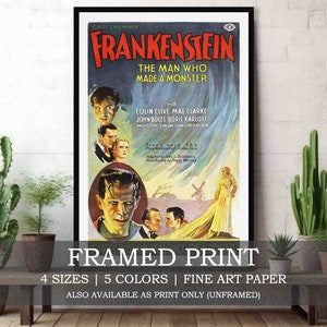 Könnte beinhalten: Ein gerahmter Druck des "Frankenstein"-Filmposters von 1931. Das Poster zeigt ein Schwarzweißbild von Boris Karloff als Monster, mit dem Titel "Frankenstein: Der Mann, der ein Monster schuf" in rot-schwarzer Schrift.