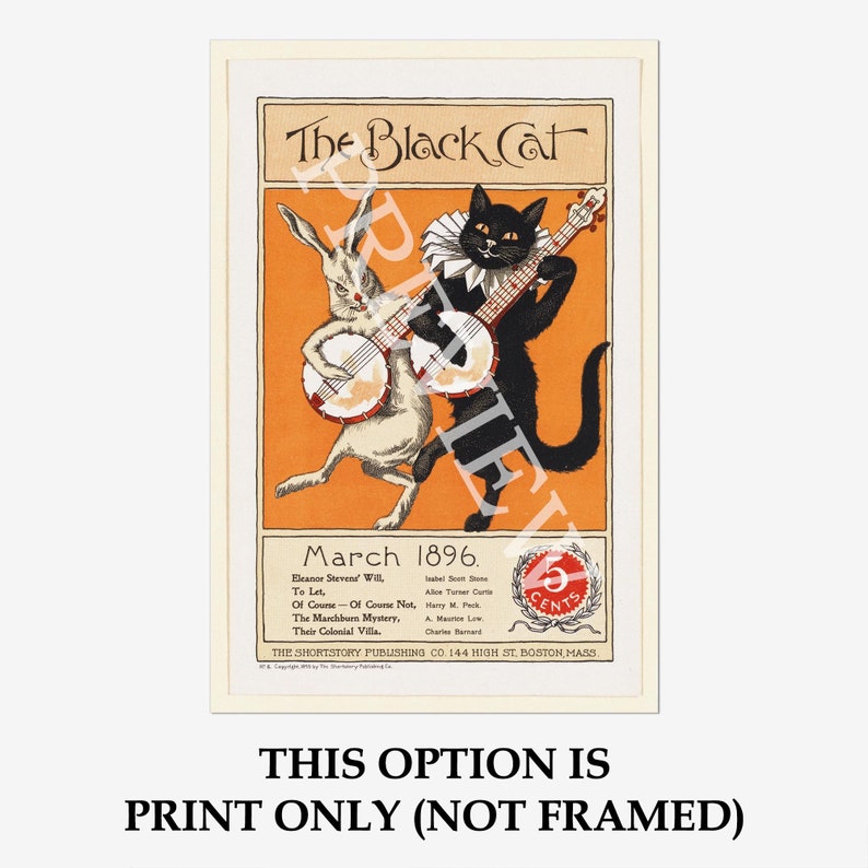 May include: A vintage magazine cover for "The Black Cat" from March 1896. The cover features a black cat and a white rabbit playing banjos. The magazine is priced at 5 cents.
