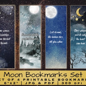 Moon Bookmarks, 4 Printable Bookmarks, Moon Lovers Digital Bookmark, 4 Emotional Bookmarks Set, Book Lovers Gift, Gift For Readers
