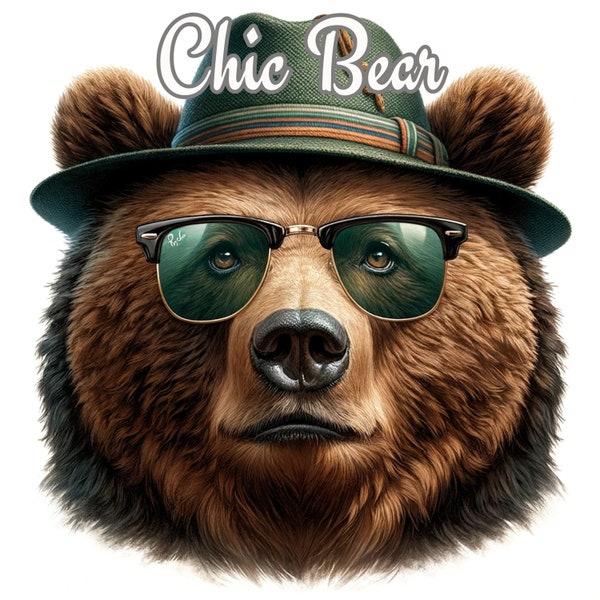 Chic Bear Watercolor Clipart:Fashionable Sunglasses & Hats,PNG Bear Images,Digital Download Commercial Use.Cute bear baseball hat.Print bear