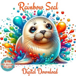 Wunderliche Aquarell Robbe Clipart, Ozean Robbe Regenbogen Splash Clipart, nautische Themen, lebendige Clipart für kreative Projekte, Meer-Druck