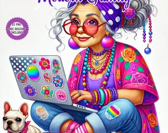 Watercolor Modern Granny Clipart: Boho Dog, Laptop, Flowers (PNG & JPG) (Digital Download)