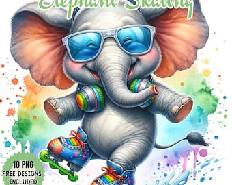 Watercolor Skating Elephant Clipart, Nursery PNG Graphics (Digital Download)