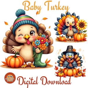 Cute Thanksgiving Baby Turkey Watercolor Clipart, Turkey Clipart PNG, Autumn & Thanksgiving Bundle Graphics, Thanksgiving Art, Fall Clipart