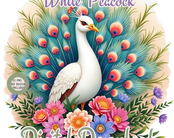 White Peacock Clipart: Watercolor Boho Flowers (PNG, JPG, PDF Digital Download)
