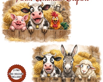 Watercolor Farm Animals Clipart, Cow, Pig, Goat, Donkey, Sheep, Rooster (Digital Download)