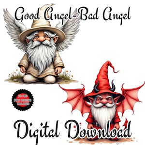 Goede engel, slechte engel aquarel clipart png. Leuke engel- en duivelkabouter. Afbeelding engel versus demon. Illustraties hemelse versus ondeugende kabouters