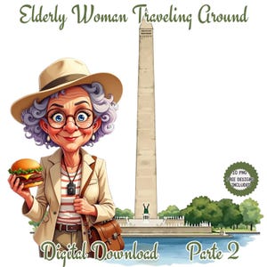 Lustige alte Dame herum reisen Png. Urlaub ältere Dame Cartoon Illustration Clipart. Lustige Oma auf Reisen. Entzückende Oma-Reise