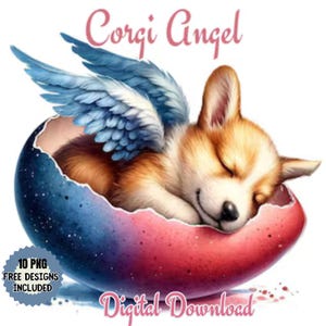 Cuccioli angelici addormentati ad acquerello dentro un uovo Clipart PNG/JPG. Cucciolo di Corgi alato affascinante, download digitale. Artigianato. Sublimazione. HQ