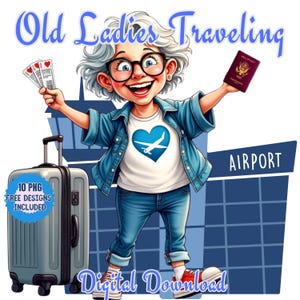 Nonna che viaggia Clipart Bundle Acquerello Png, Nonna che si fa selfie, Illustrazioni di donne anziane, Adorabile grafica a tema viaggio della nonna