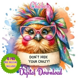 Acuarela divertida linda pollo clipart, sublimación de pollo divertido, pollito clipart png, pollos humorísticos, ilustración de animales locos, JPG-PNG