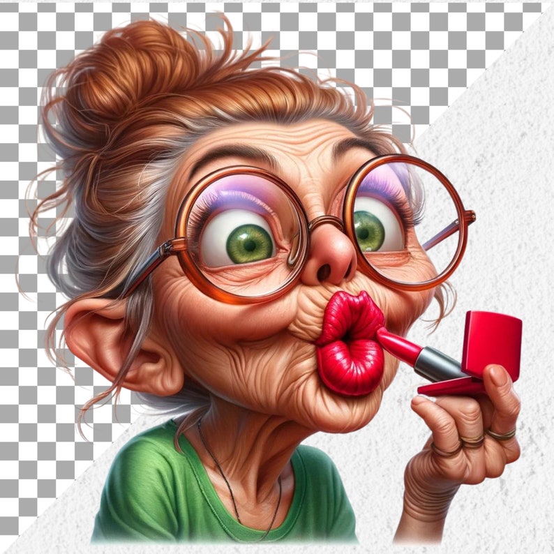 Puede incluir: Una ilustraci&oacute;n de dibujos animados de una mujer con cabello gris y grandes gafas redondas aplic&aacute;ndose l&aacute;piz labial rojo. Lleva una camisa verde y tiene una expresi&oacute;n de sorpresa en su rostro.