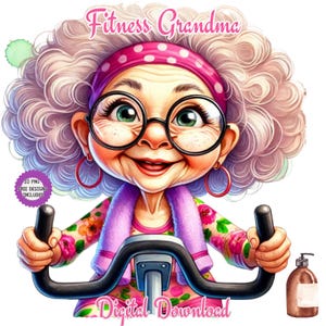 Clipart drôle de vieille dame, grand-mère enthousiaste et dynamique, femme âgée sportive et en forme, aquarelle de grand-mère heureuse dans une salle de sport, entraînement pour personnes âgées