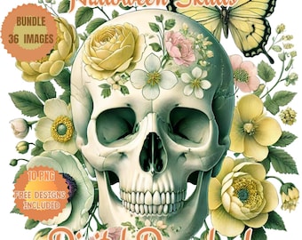 Floral Halloween Skull Clipart Bundle, Butterflies Graphics (PNG)