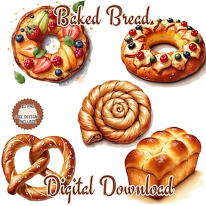 Clipart di pane appena sfornato acquerello png. Pagnotta di pane. Pane dolce e salato. Menù di pasticceria. Muffin Croissant Baguette Pretzel Pane bianco