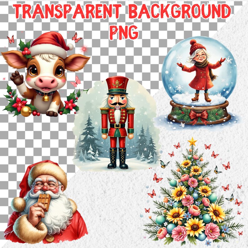 Watercolor Christmas Clipart Bundle: Santa, Elf, Snowglobe (PNG Digital ...
