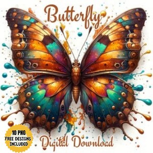 Watercolor Butterfly Clipart: Blue Brown Mystical Art (PNG JPG Digital Download)