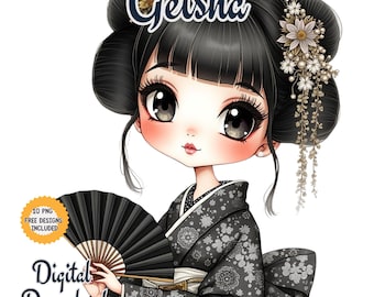 Watercolor Geisha Clipart: Japanese Woman PNG Images (Digital Download)