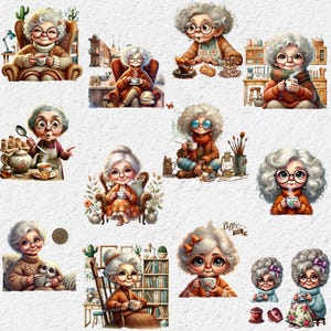 Senior Lady Drinking Coffee Clipart: Cozy Grandma PNG Bundle (digital ...
