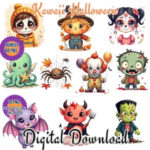 Halloween Cute Kawaii Clipart Aquarela Png Bundle. Adorável desenho animado de Halloween e decoração. Morcego, abóbora, assustador, bruxa, ilustrações de múmia.