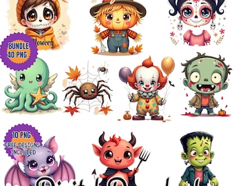 Kawaii Halloween Clipart Bundle, Watercolor PNG, Cartoon Decor (Digital Download)