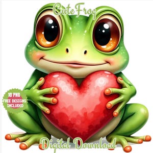 Grenouille avec coeur clipart aquarelle, grenouille verte souriante haute résolution PNG & JPG, téléchargement numérique Animal mignon, crapaud Nature et clipart de la faune