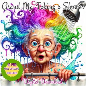 Grappige oma onder de douche met regenbooghaar, aquarel digitale clipart, geanimeerde, leuke, levendige en humoristische illustratie png- en jpg-afbeeldingen
