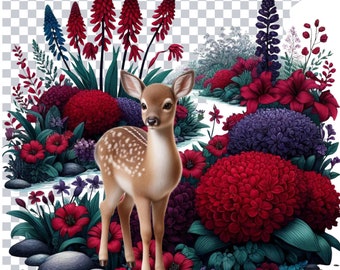 水彩の子鹿のクリップアート、植物園のイラスト（デジタルダウンロード