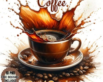 Watercolor Coffee Clipart: Latte, Espresso, Cappuccino (PNG JPG Digital Download)