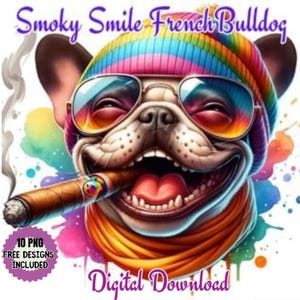 Clipart de buldogue francês sorridente com charuto e gorro arco-íris, design de cachorro hipster com óculos de sol, aquarela detalhada PNG/JPG, alta qualidade