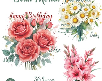 Birth Month Flowers Clipart: Watercolor Floral Bouquet (PNG Digital Download)