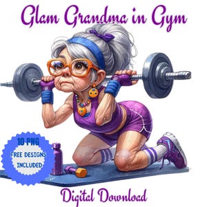 Lustige alte Ladie Clipart, enthusiastische und dynamische Oma, sportliche und Fitness ältere Frau, glückliche Oma im Fitnessstudio Aquarell, Senior Work out