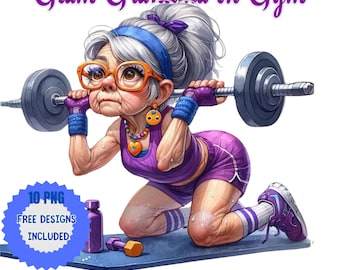 Clipart de abuela divertida en el gimnasio: Abuela fitness en acuarela (Descarga digital)