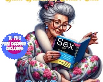 Clipart de abuela en acuarela: Divertida señora mayor leyendo (PNG, JPG, PDF)