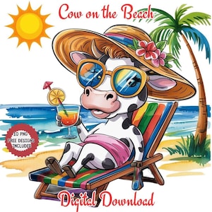 Funny Cow on the Beach Clipart png. Cute Watercolour Highland Cow Clipart Bundle, Cute Animals, Cow Clipart, Cute Cow Clipart,Animal Clipart