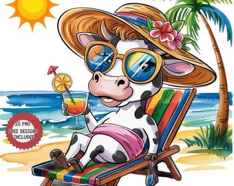 Funny Highland Cow Beach Clipart: Watercolor Animal PNG Bundle (Digital Download)