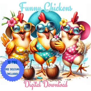 Aquarell lustige niedliche Huhn Clipart, lustige Huhn Sublimation, Küken Clipart Png, Hühner am Strand, Pizza und Getränke Illustration