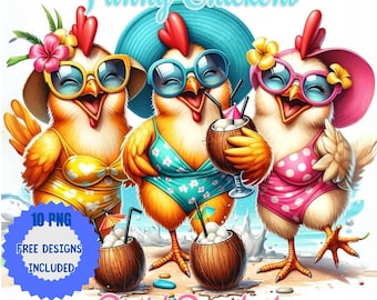 Watercolor Funny Chicken Clipart: Beach Pizza PNG (Digital Download)