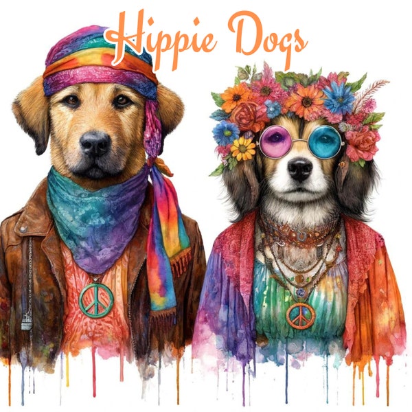 Colorful Bohemian Dogs Clipart: Watercolor Hippie Dog Illustrations, Peaceful Canine PNG and JPG Files, Artistic Pet Images, Groovy Art
