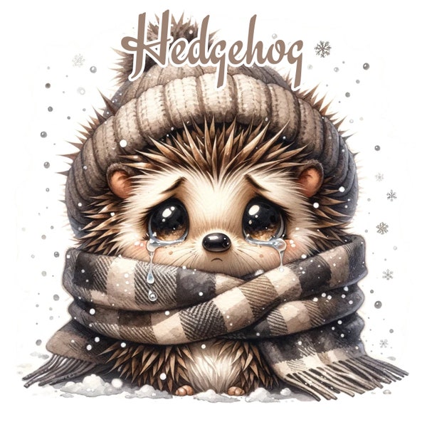 Winter Hedgehogs Shiny Tears and Reading: Watercolor Clipart, High-Quality PNG and JPG Images, Emotionally Captivating , Tender and Detailed