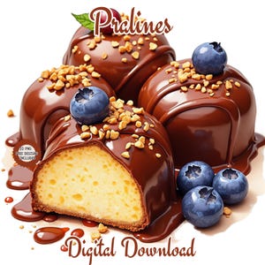 Peut inclure: Gros plan sur des pralines au chocolat avec une garniture crémeuse, garnies de noix hachées et de myrtilles. Les pralines sont disposées sur un fond blanc avec un filet de sauce au chocolat.
