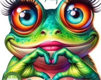 Puede incluir: Una rana verde con ojos grandes y coloridos y pestañas largas. La rana está sonriendo y sosteniendo sus manos en forma de corazón. El texto "Frog" está escrito encima de la rana y "Digital Download" está escrito debajo de la rana.