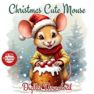 Christmas Mouse Clipart Watercolor Png.  Xmas Mouse Png. Mouse Sublimation. Cute Mice. Winter Mouse Bundle Images. Mouse Sublimation Digital