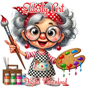 12 divertidas imágenes PNG de abuelas pintoras. Artista mayor con pinceles y gato. Abuela con caballete y pinturas. Imágenes para manualidades y decoración.