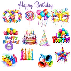 Watercolor Happy Birthday Clipart, Birthday Party PNG, Birthday Invitations, Celebration Designs. Happy Birthday Balloons Clipart. Birthday