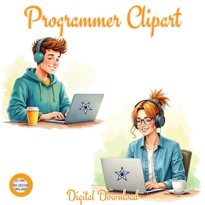 Pode incluir: Gráfico de download digital com duas pessoas usando laptops com fones de ouvido. A imagem inclui o texto "Programmer Clipart" e "Digital Download". Cada laptop exibe um gráfico de estrela. Uma xícara de café e um lápis também são visíveis.