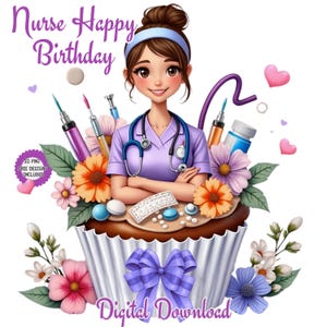 Enfermera de cumpleaños con flores. Tarjeta de cumpleaños de enfermera. Feliz cumpleaños enfermera. Tarjeta de enfermera. Clipart de enfermera. Tarjetas de cumpleaños de enfermera. Enfermera peculiar PNG.