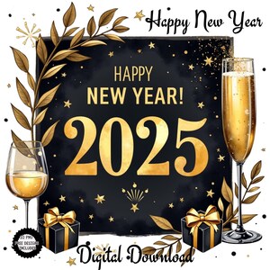Bonne année 2025 Bundle de cliparts. 15 JPG 15 PNG Haute qualité. Clipart fête. Images festives, fête du Nouvel An 2025 en noir et or.