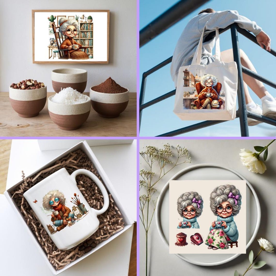 Senior Lady Drinking Coffee Clipart: Cozy Grandma PNG Bundle (digital ...